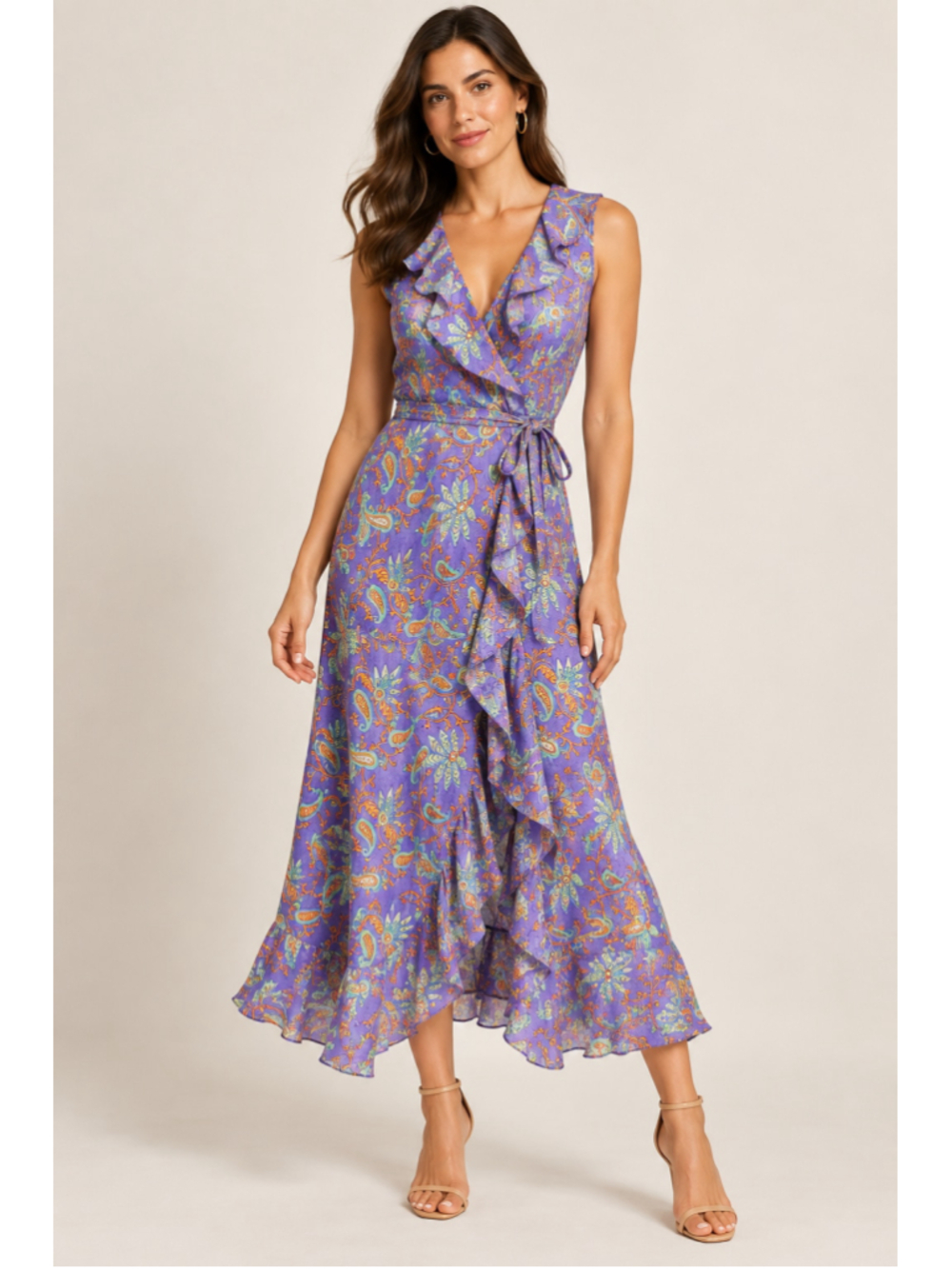 Lauren Ralph Lauren Purple Paisley 100% Silk Ruffle Wrap Dress Size 8